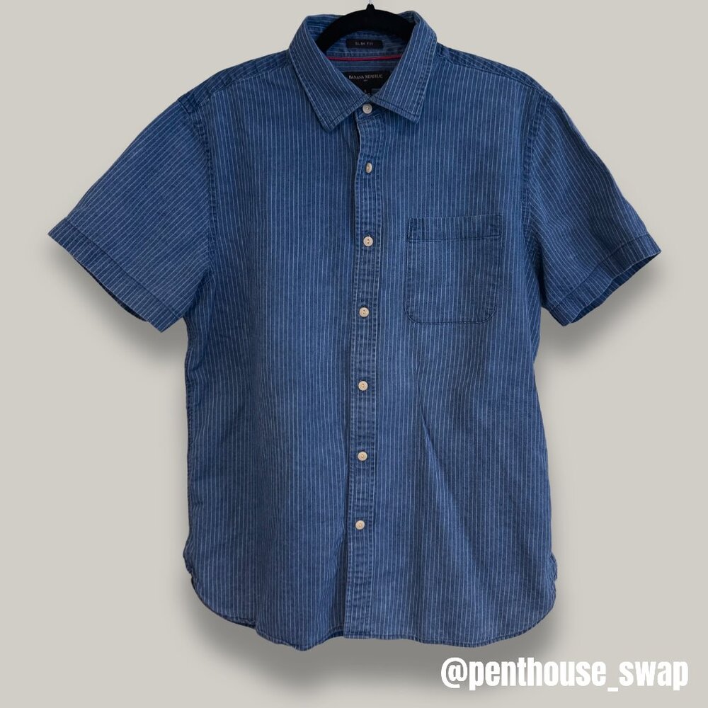 Banana Republic Slim Denim Striped Short Sleeve Button Down, Size L